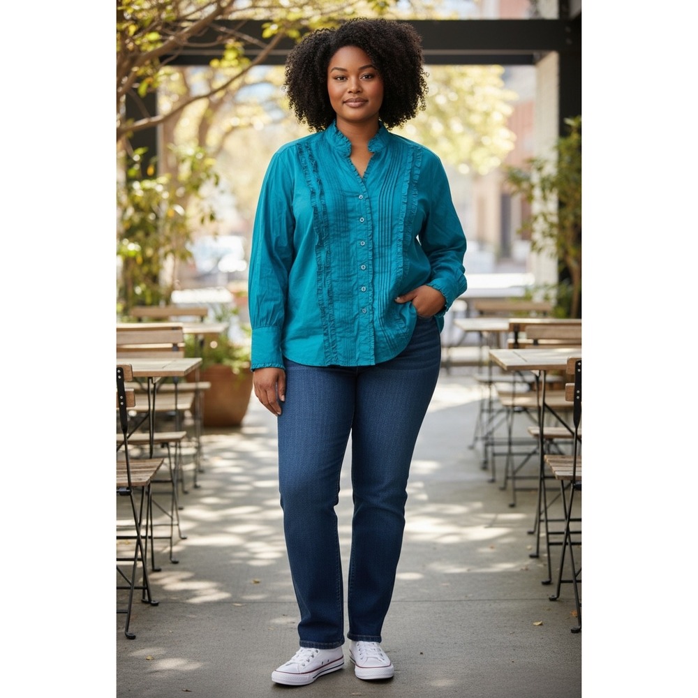 Teal Blue Ruffle Pintuck Button Down Blouse Long Sleeve Cotton Top XXL